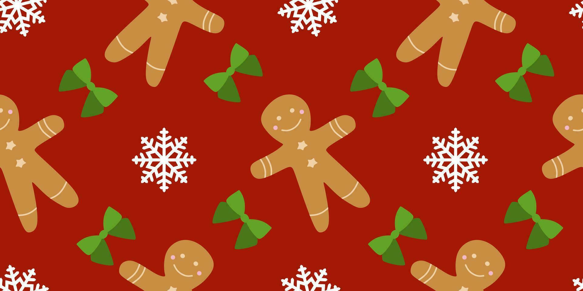 Christmas Seamless pattern with Gingerbread men on red background with Snowflakes and Green bows. Holiday Decoration, textile Template, Wrapping paper, Wallpaper, napkins. New Year cookies, Dessert vector