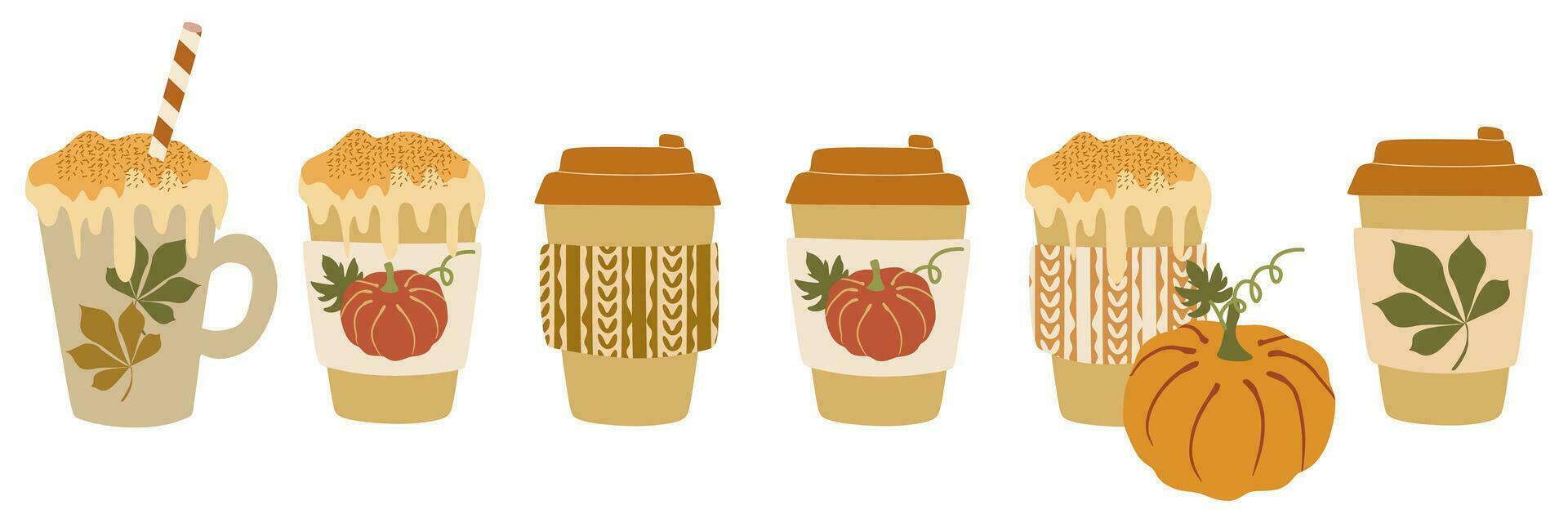 Set of different Pumpkin coffee to go. Vector Flat style illustration. Paper Takeaway cups with Cappucino, Autumn latte, Hot chocolate isolated on white. Hot drink cartoon icons in hand drawn style.