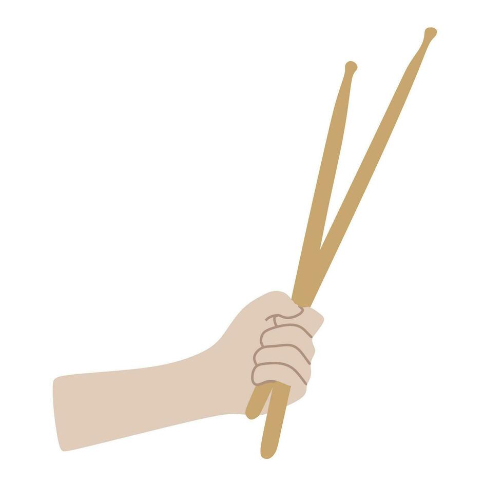 Vector illustration of Hands holding Drumsticks. Fist with Drum sticks isolated on white. Flat style Musical concept, Drummer day Postcard element, Design Template for Card, Banner, Sticker.