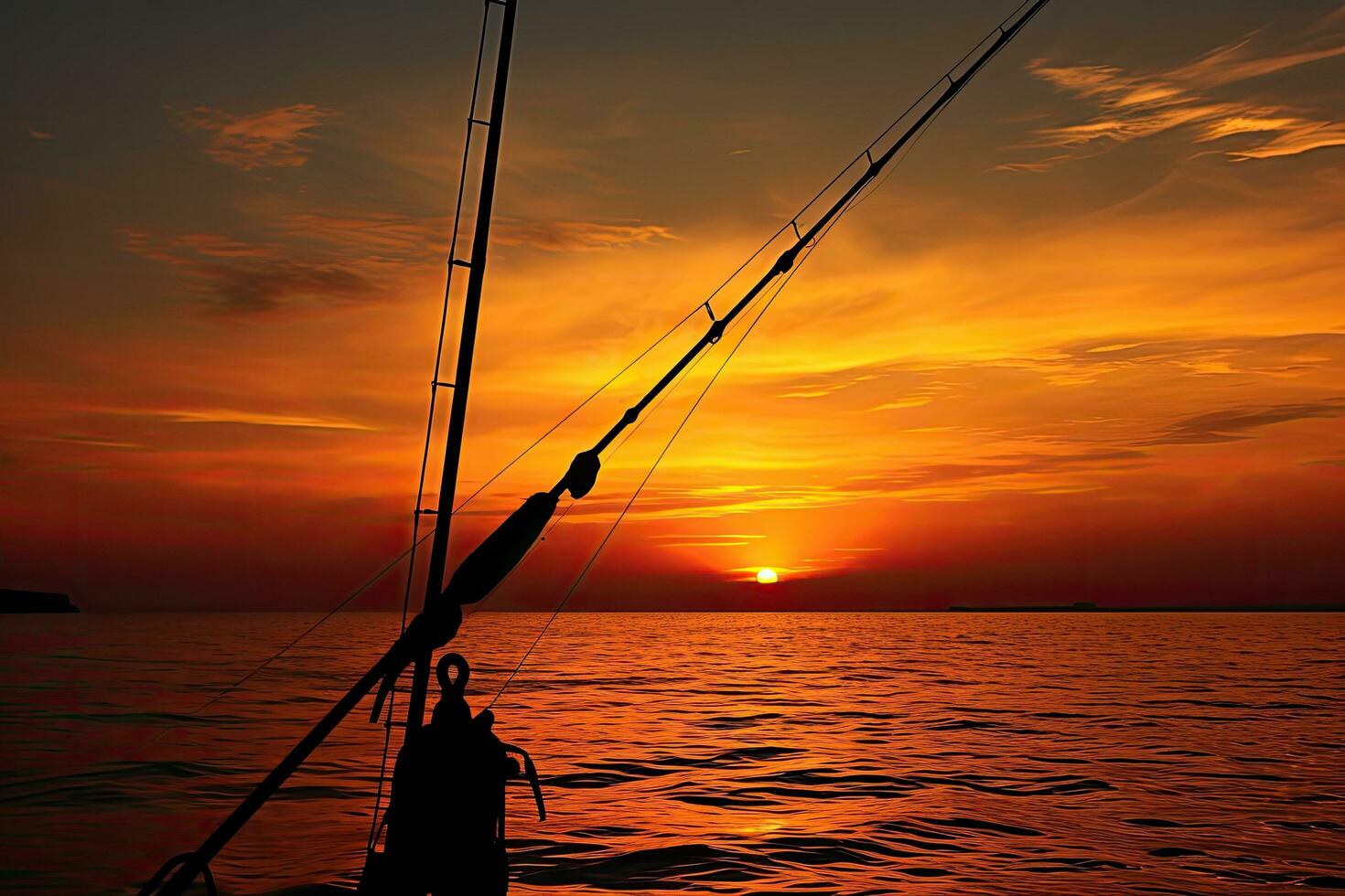 Silhouette of fishing rod on the sea at sunset background, silhouette of a down rigging fishing rod at sunset, AI Generated photo