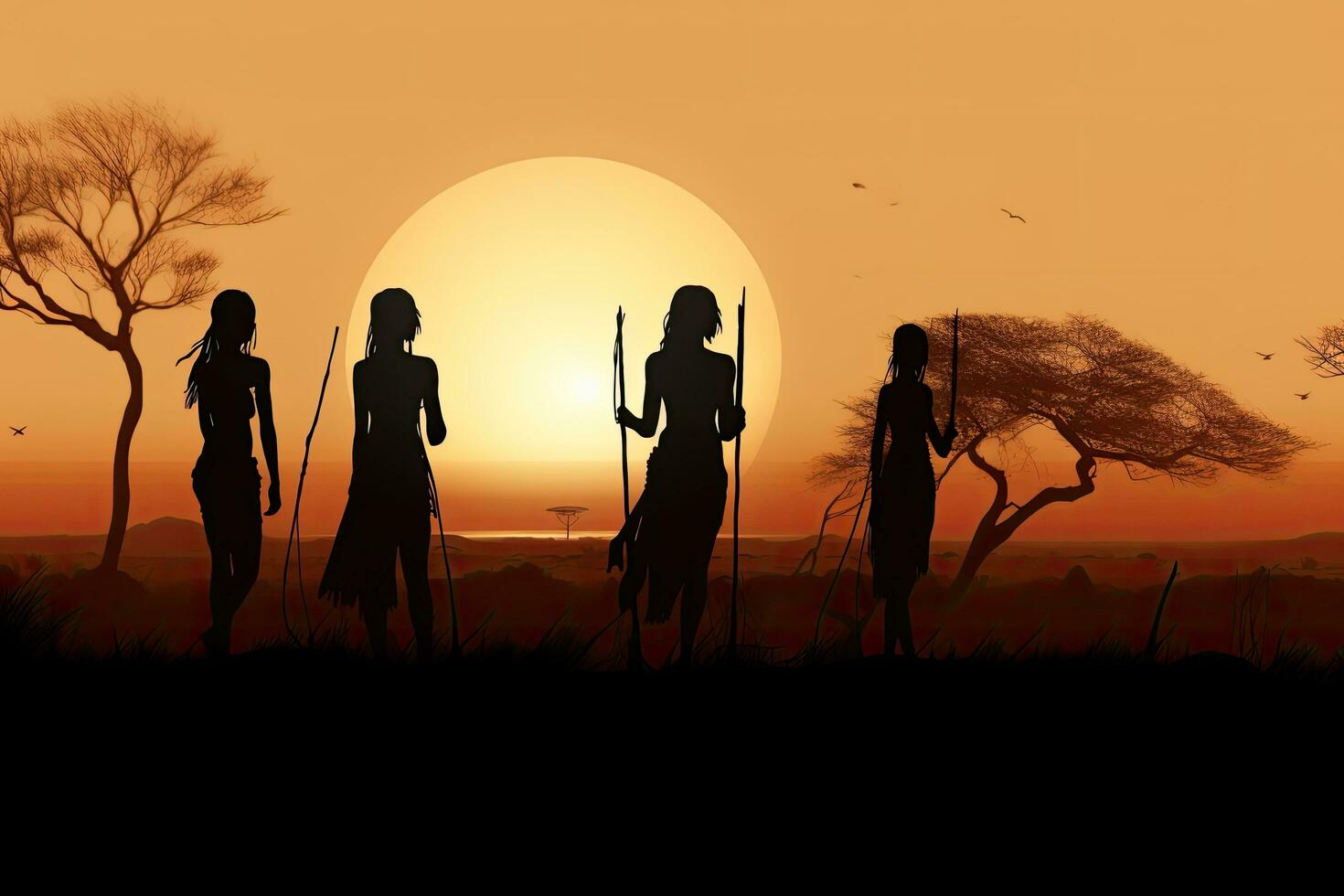 silueta de cazador en sabana a puesta de sol. vector ilustración, siluetas de africano aborígenes a puesta de sol. hembra tribu miembros en Desierto paisaje, ai generado foto