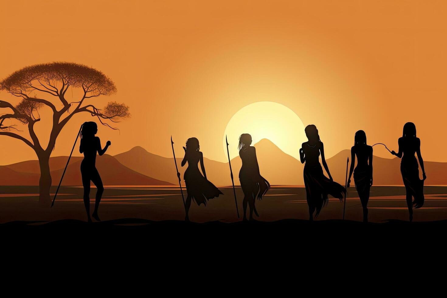 antiguo personas en el sabana a puesta de sol vector antecedentes concepto para póster, siluetas de africano aborígenes a puesta de sol. hembra tribu miembros en Desierto paisaje, ai generado foto