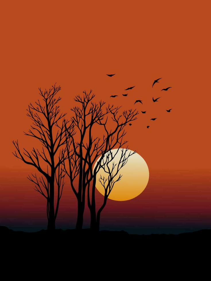 Sunset background with trees in silhouette vector