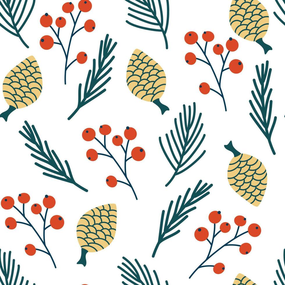 Floral Christmas seamless pattern, green fir branches, pine cones and red berries. Christmas woodland fabric design. Winter New year texture for print, wrapping paper, design, fabric, decor, gift. vector