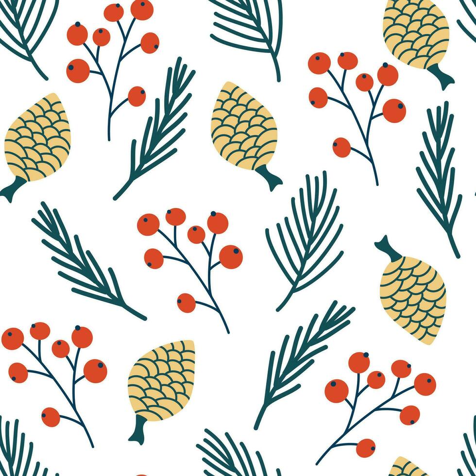 floral Navidad sin costura patrón, verde abeto sucursales, pino conos y rojo bayas. Navidad bosque tela diseño. invierno nuevo año textura para imprimir, envase papel, diseño, tela, decoración, regalo. vector