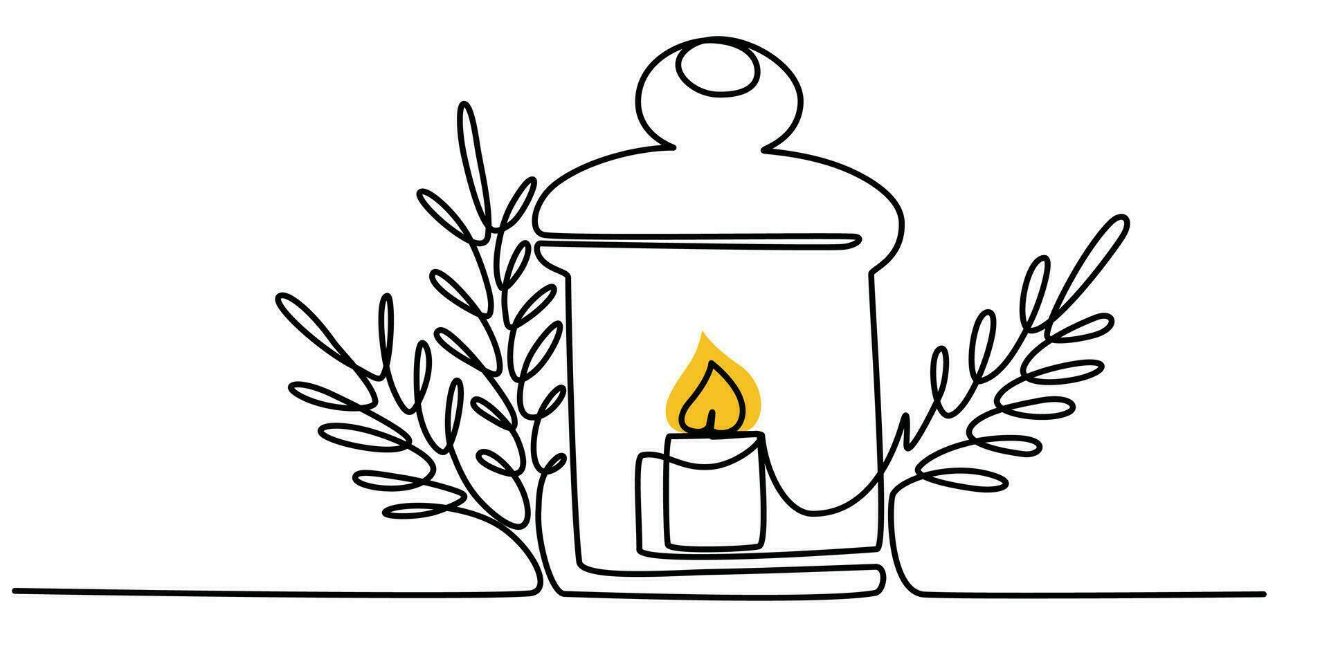 One continuous line drawing of Christmas candle holder. Christmas lantern in silhouette on a white background in simple linear style. Editable stroke. Doodle outline vector illustration