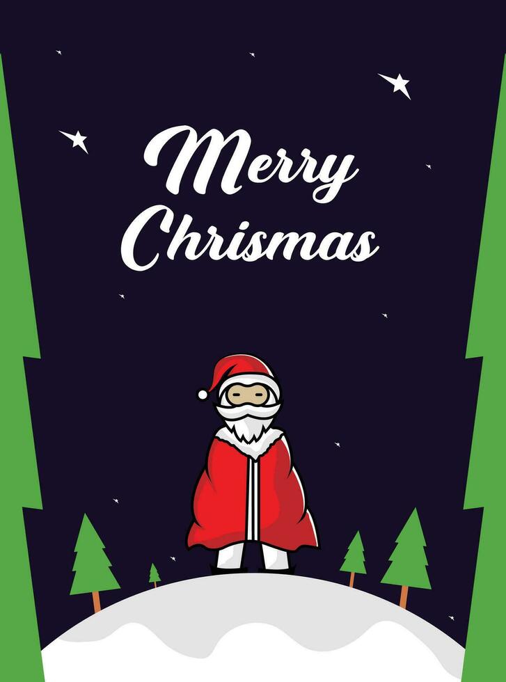 Christmas vector characters like santa claus, reindeer and snowman holding gift with merry christmas greeting and tree in a red background. Vector