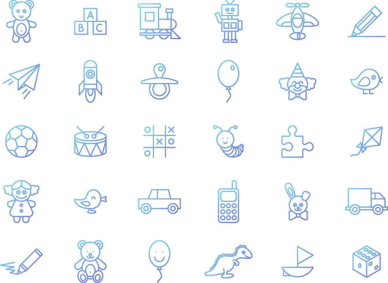 Collection of toys icons on white background. Line style with blue gradient vector illustration.