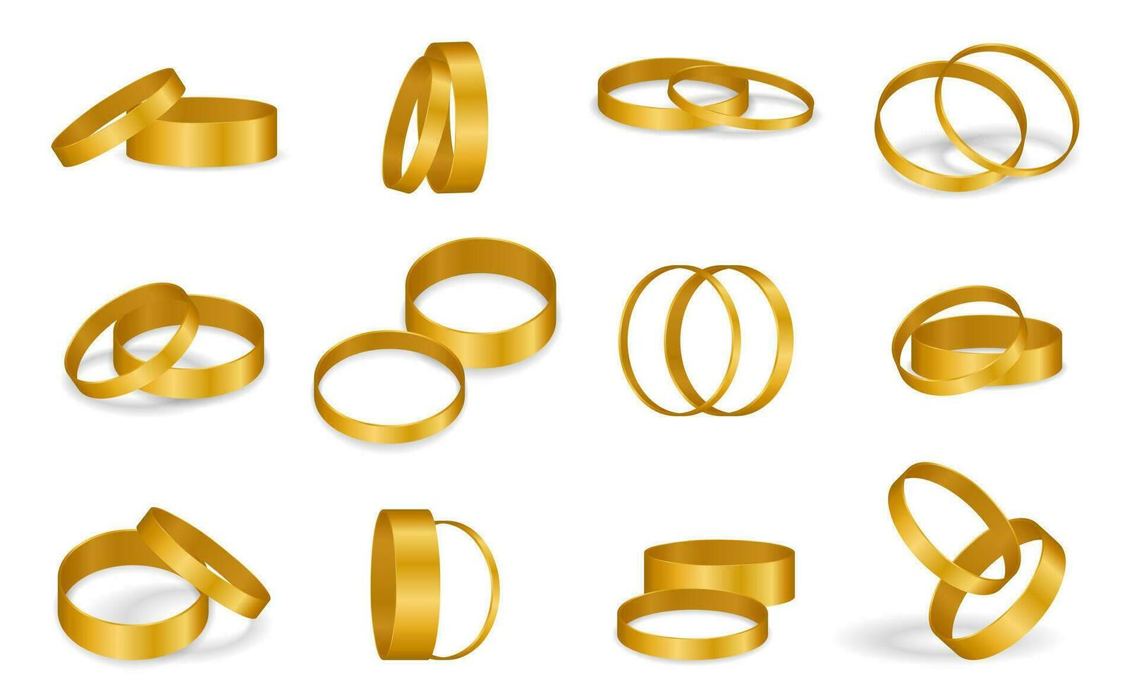 Set of wedding golden rings isolated on a white background. Realistic design gold ring with shadows. Element for greeting card. Vector illustration