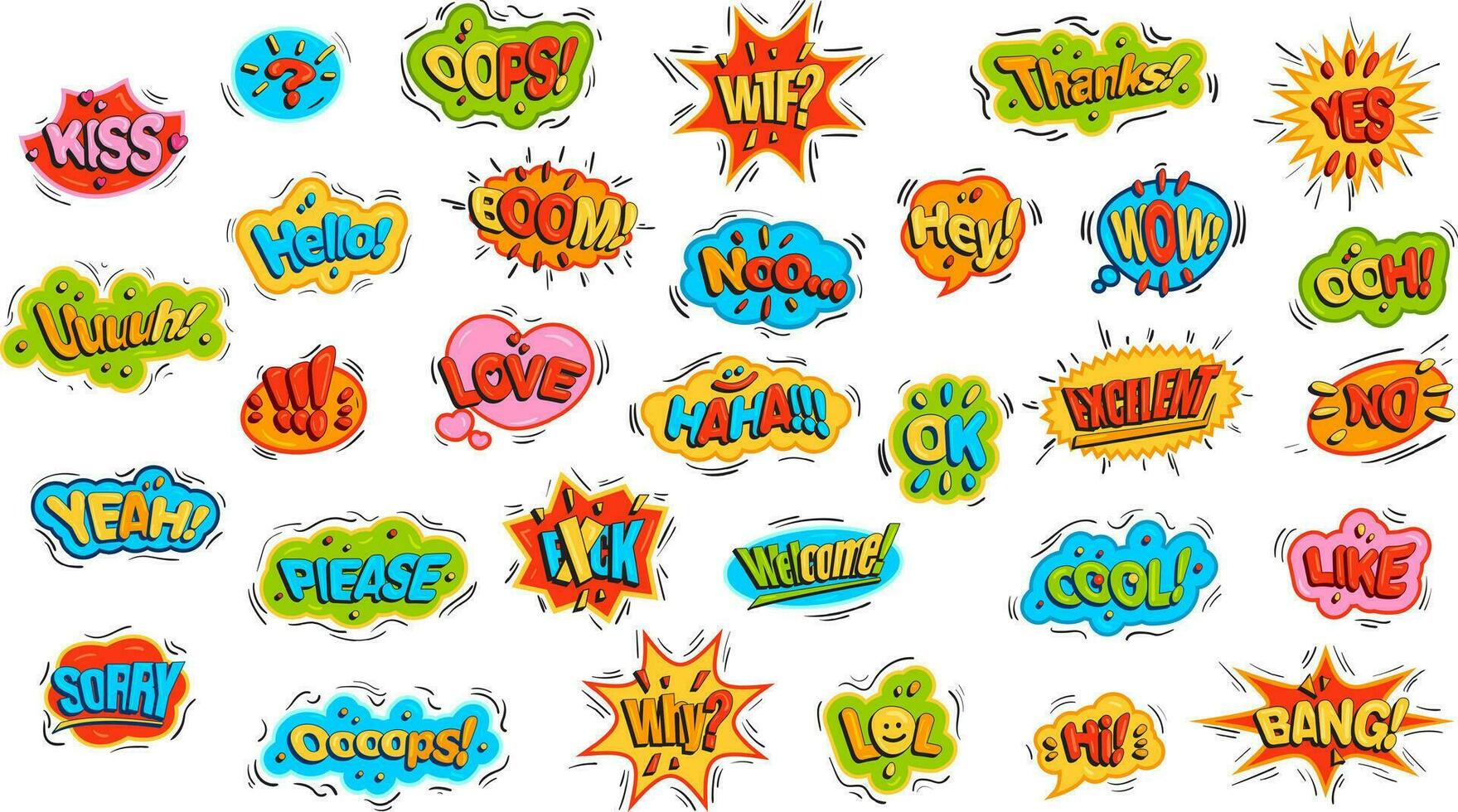 Comic style slogan stickers, large set. Youth sticker for printing or emoji online communication. vector