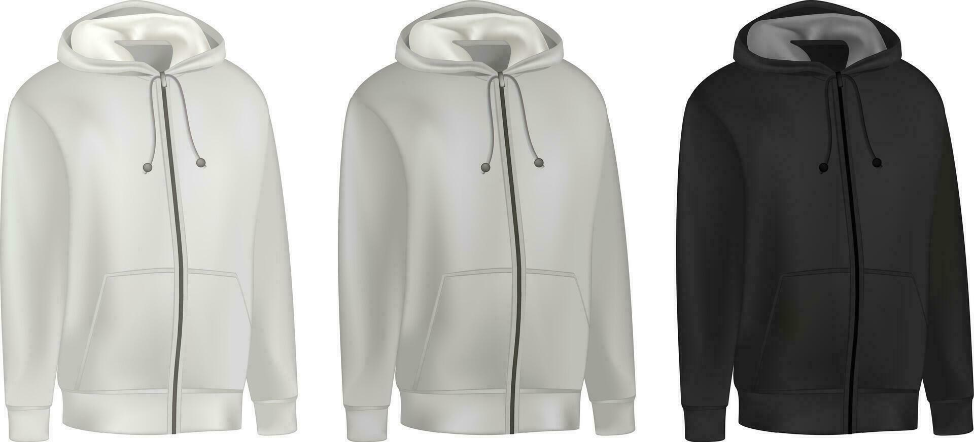 Blank gray, black mens hoodie sweatshirt long sleeve. Male hoody with hood front view. Vector template sport winter clothes for design mockup, print, isolated on white background