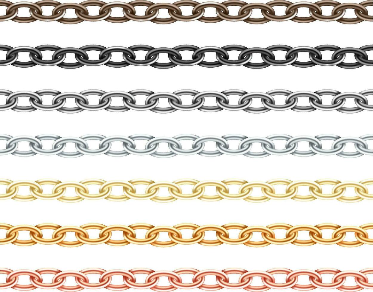 Big collection different metal chain seamless texture. Silver, gold, platinum, iron, copper color chains link set isolated on white background. vector