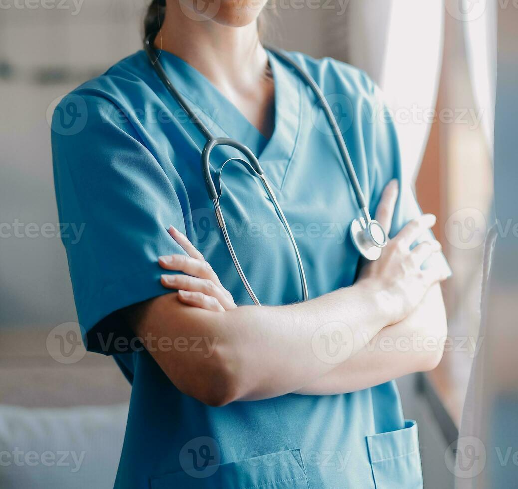 Asian doctor woman visited patient woman to diagnosis and check up health at home or private hospital. Female patient explain health problem and symptoms to doctor .Health care premium service at home photo