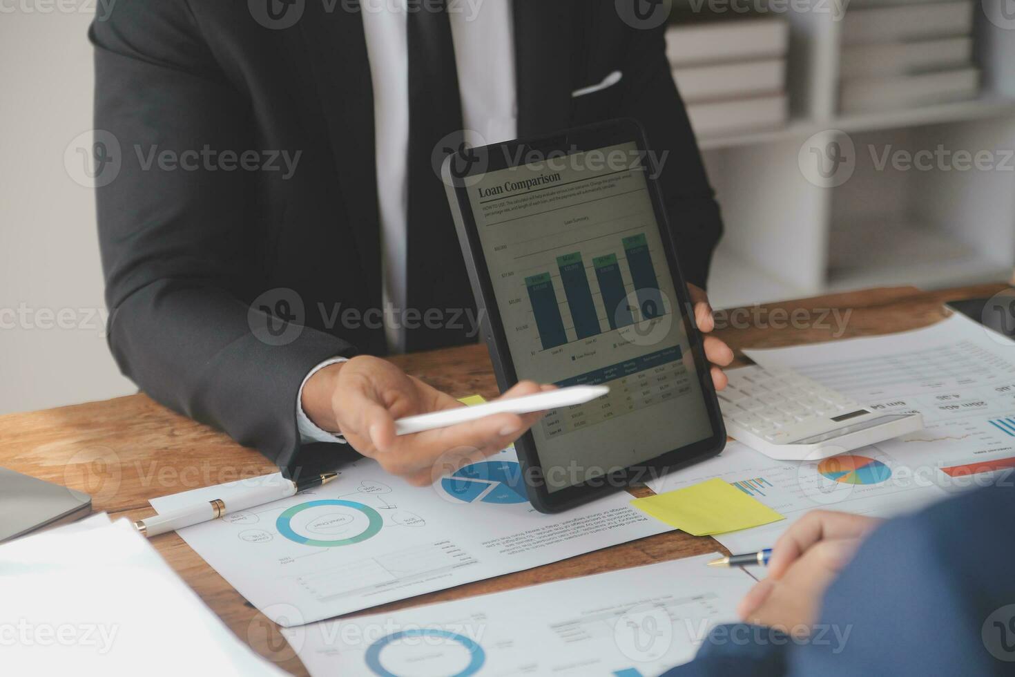 Team of business people working together in the meeting room office, teamwork background charts and graphs banner, double exposure successful teamwork,business planning concept. photo