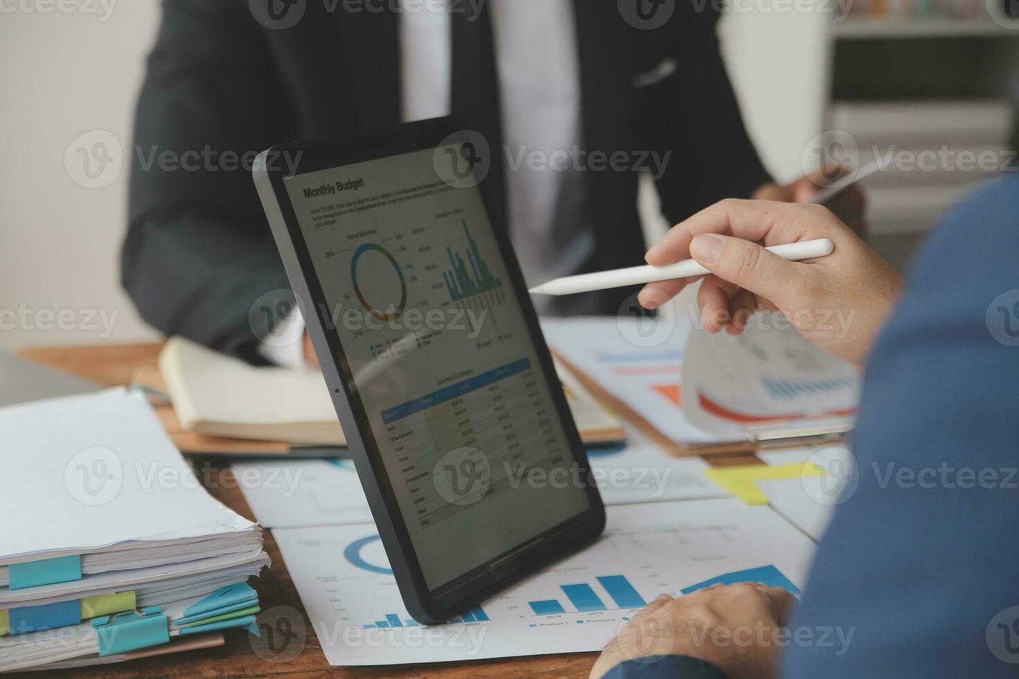 Team of business people working together in the meeting room office, teamwork background charts and graphs banner, double exposure successful teamwork,business planning concept. photo