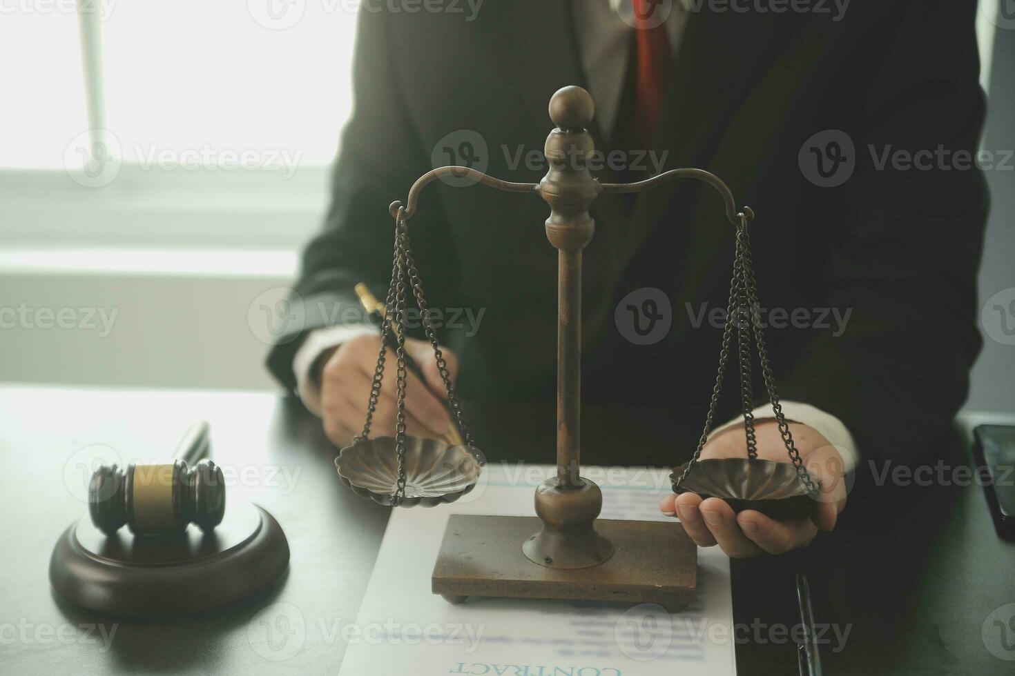 Lawyer, legal advisor, businessman brainstorming information on agreement details Business contracts in legal processing books for accuracy in contract documents. joint financial investment. photo