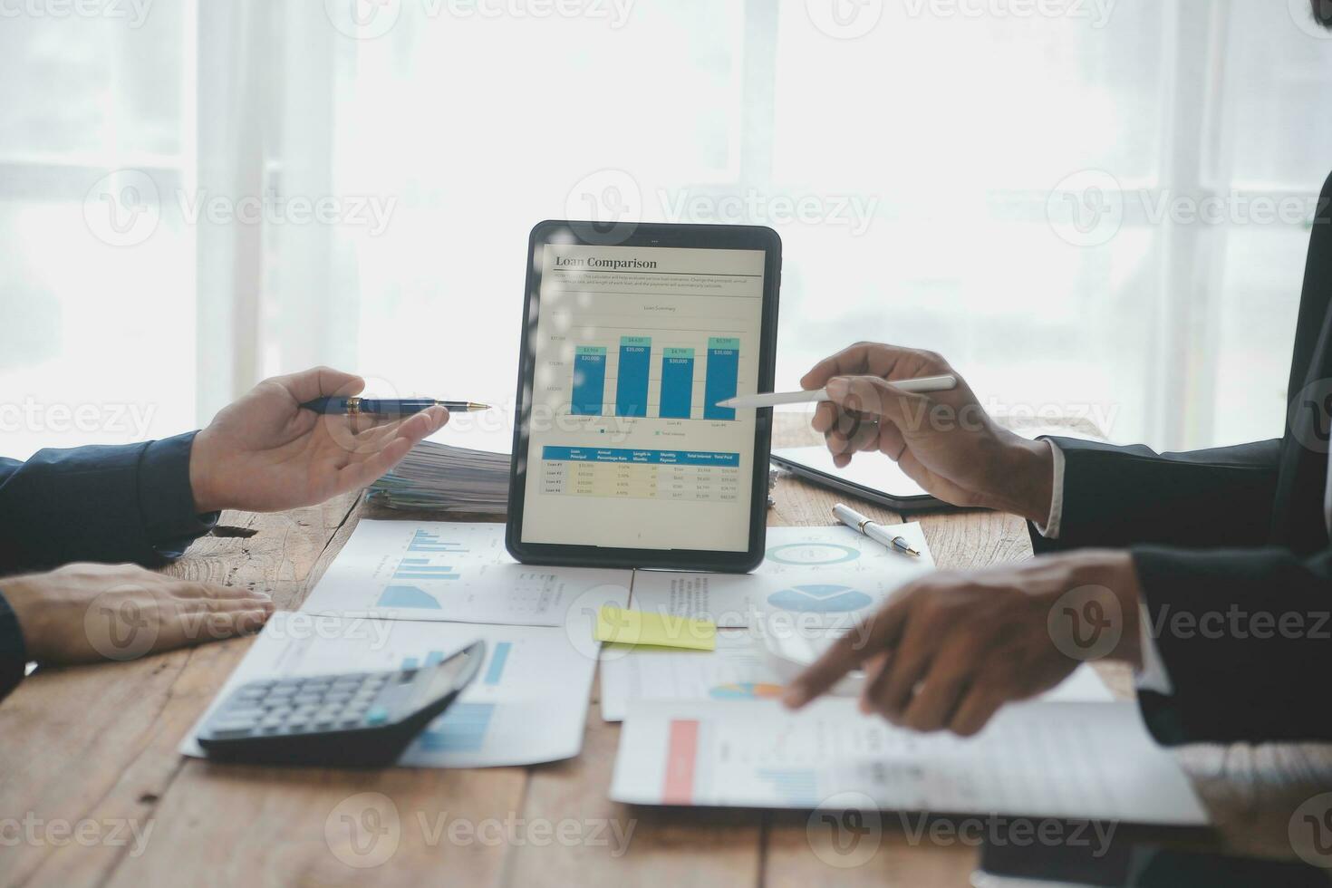 Team of business people working together in the meeting room office, teamwork background charts and graphs banner, double exposure successful teamwork,business planning concept. photo
