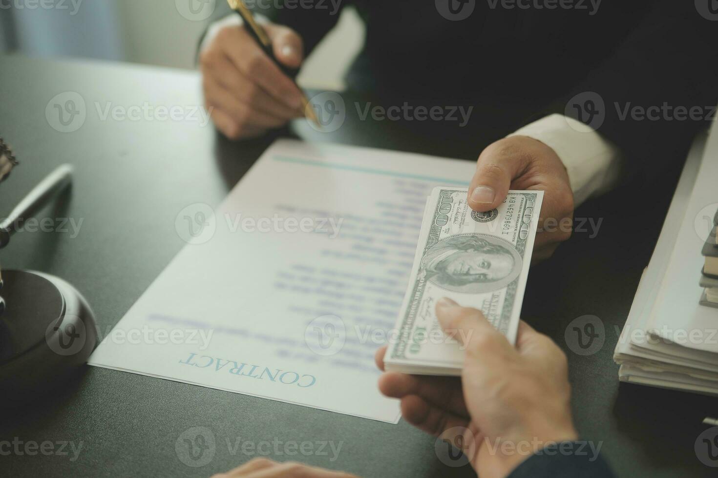Lawyer, legal advisor, businessman brainstorming information on agreement details Business contracts in legal processing books for accuracy in contract documents. joint financial investment. photo