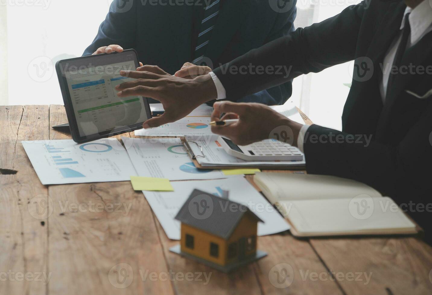 Team of business people working together in the meeting room office, teamwork background charts and graphs banner, double exposure successful teamwork,business planning concept. photo