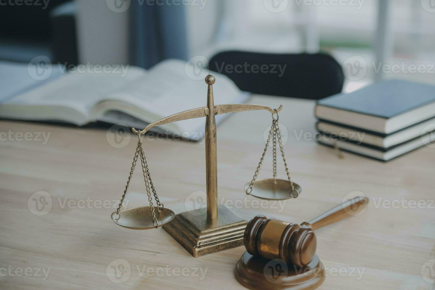 Business and lawyers discussing contract papers with brass scale on desk in office. Law, legal services, advice, justice and law concept picture with film grain effect photo
