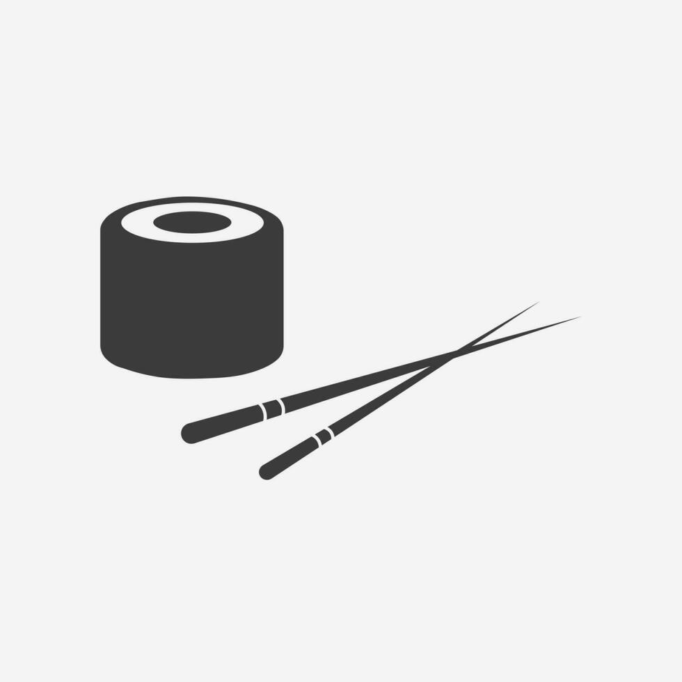 Chopsticks holding sushi roll icon vector. Japanese, Asian food symbol sign vector