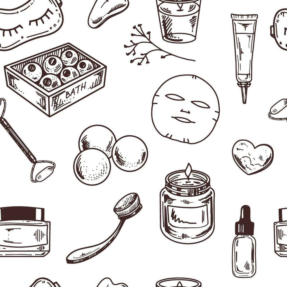 Seamless pattern of hand-drawn doodle spa, cosmetics, beauty, self-care elements. Illustration for beauty salon, cosmetic store, makeup design. Engraved image. vector