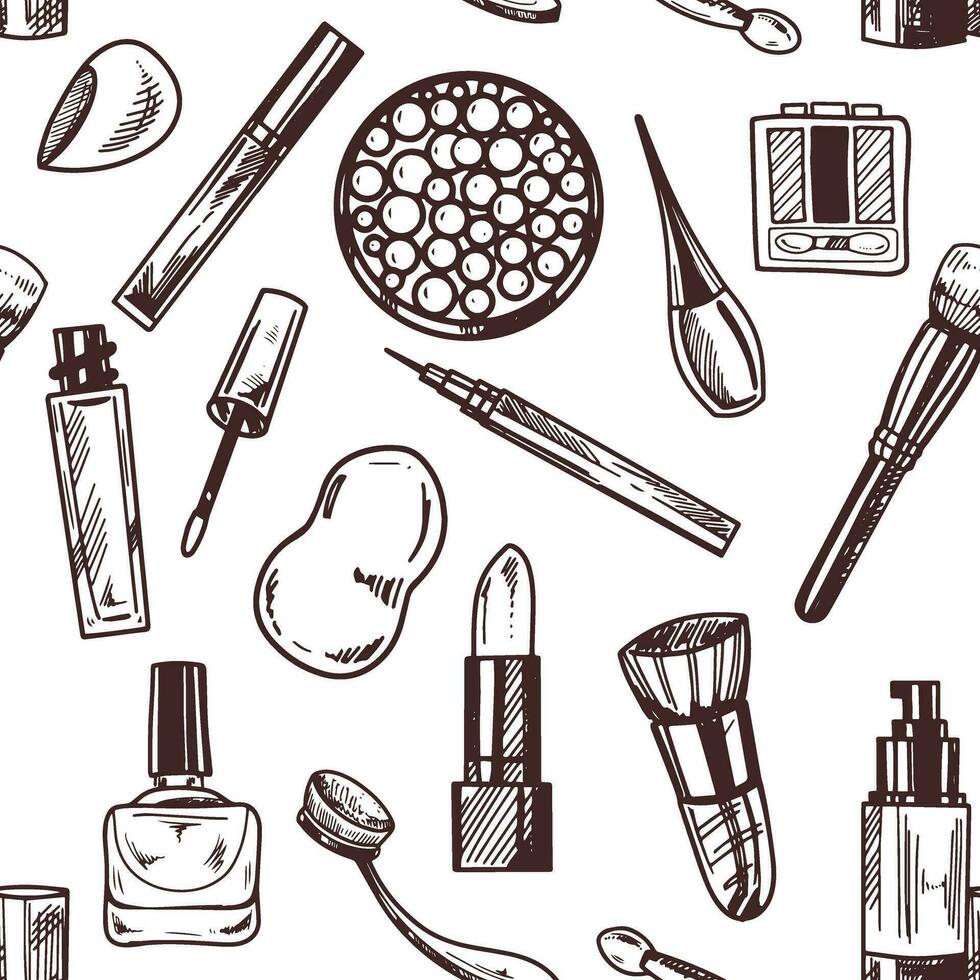 Seamless pattern of hand-drawn doodle cosmetics, beauty, self-care elements. Illustration for beauty salon, cosmetic store, makeup design. Engraved image. vector