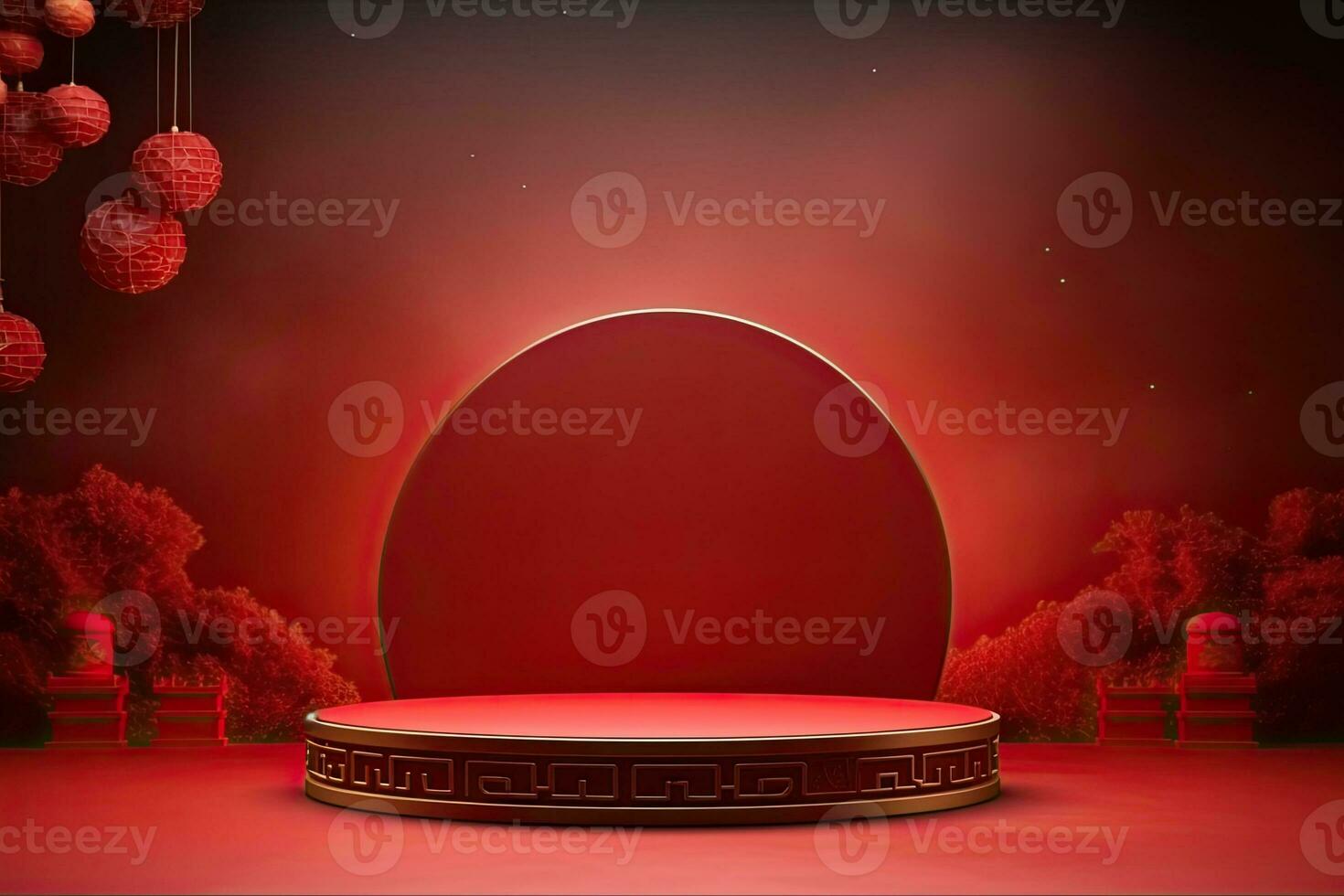 Generative AI, Red podium with lantern chinese new year and gift box product stand podium background pedestal 3d photo