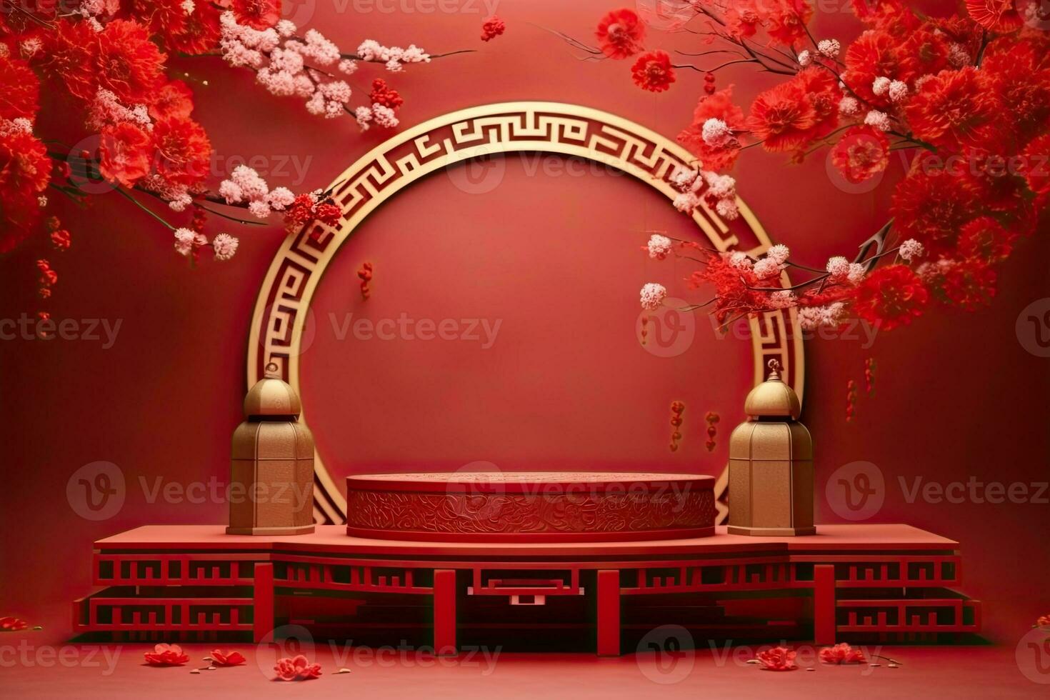 Generative AI, Red podium with lantern chinese new year and gift box product stand podium background pedestal 3d photo