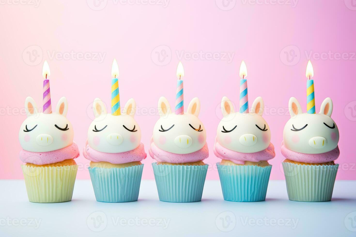 Generative AI, Row of colorful birthday cupcakes with candle of each, on light pink background photo