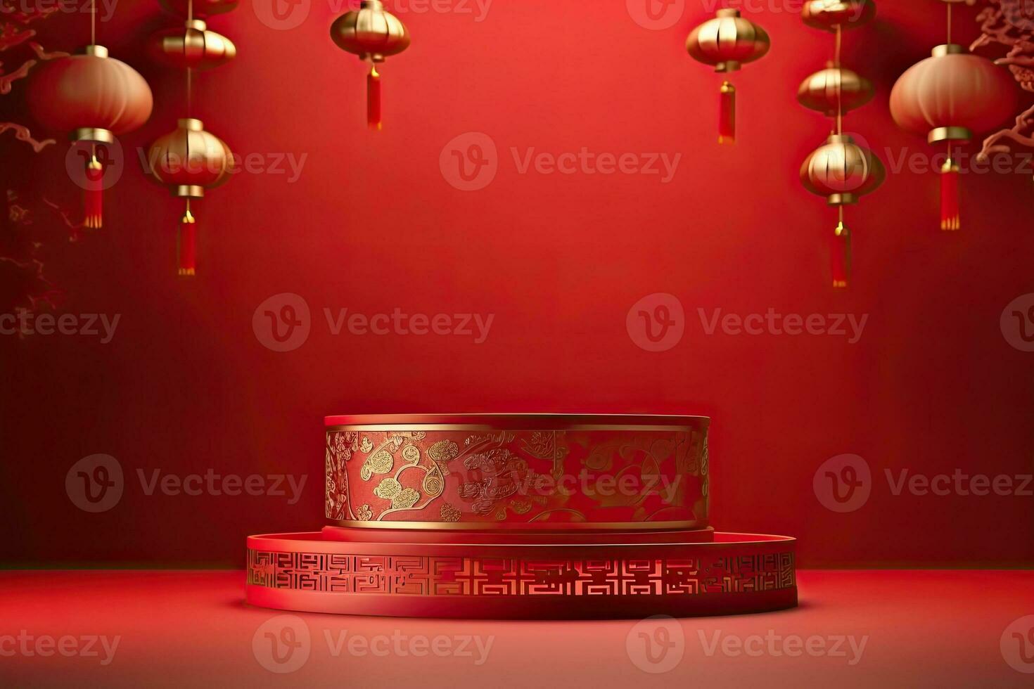 Generative AI, Red podium with lantern chinese new year and gift box product stand podium background pedestal 3d photo