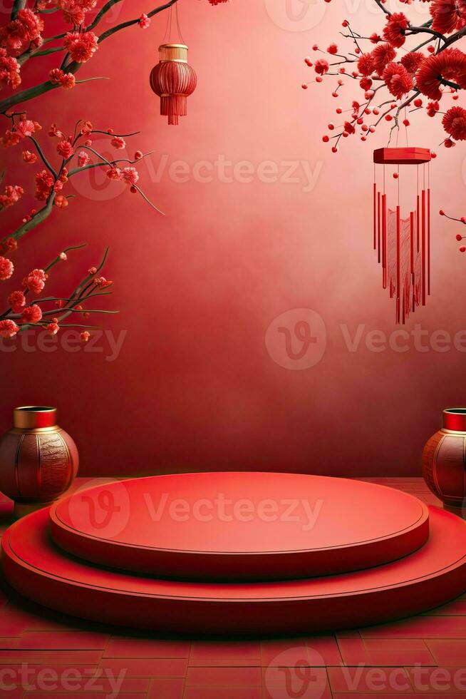 Generative AI, Red podium with lantern chinese new year and gift box product stand podium background pedestal 3d photo