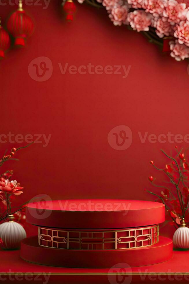 Generative AI, Red podium with lantern chinese new year and gift box product stand podium background pedestal 3d photo