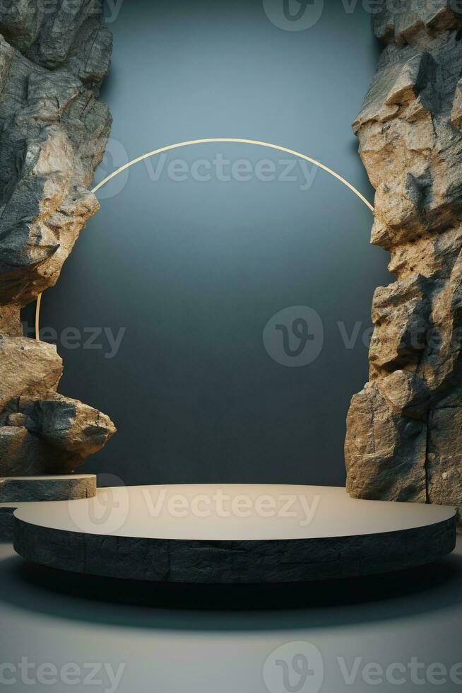 Generative AI, a rock or stone podium nature pedestal stage product display background, empty display showroom photo