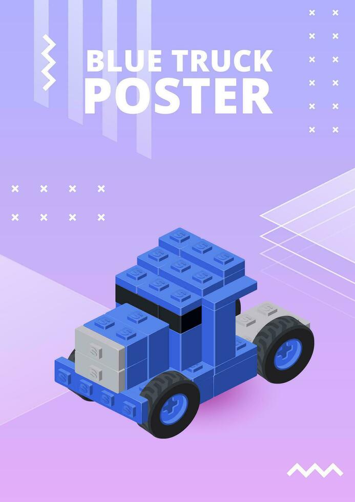 Poster with a blue truck in isometric style for printing and design. Vector illustration.