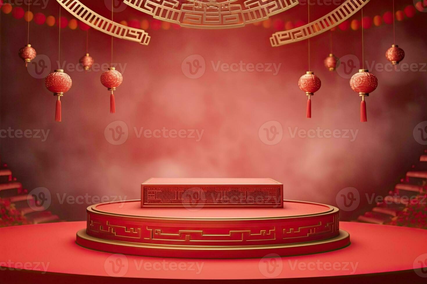 Generative AI, Red podium with lantern chinese new year and gift box product stand podium background pedestal 3d photo