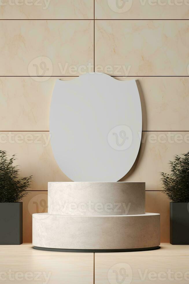 Generative AI, a empty podium with leaf shade and geometry in beige color for product display, empty display showroom photo
