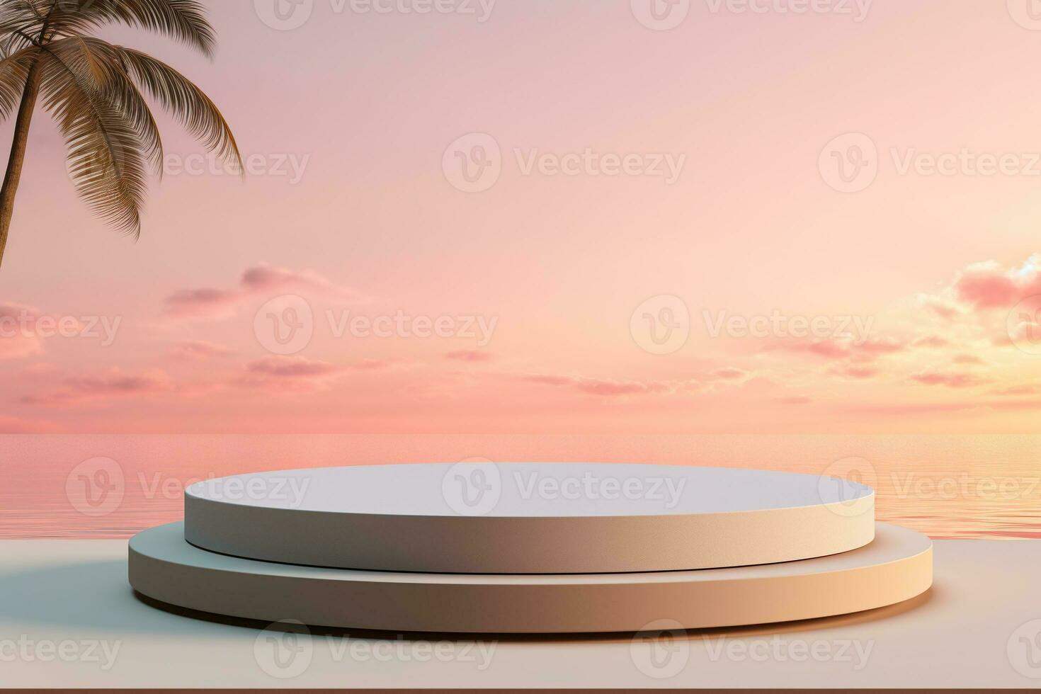 Generative AI, 3D display podium pastel, on palm beach abstract background. Spring and summer, nature minimal pedestal. photo
