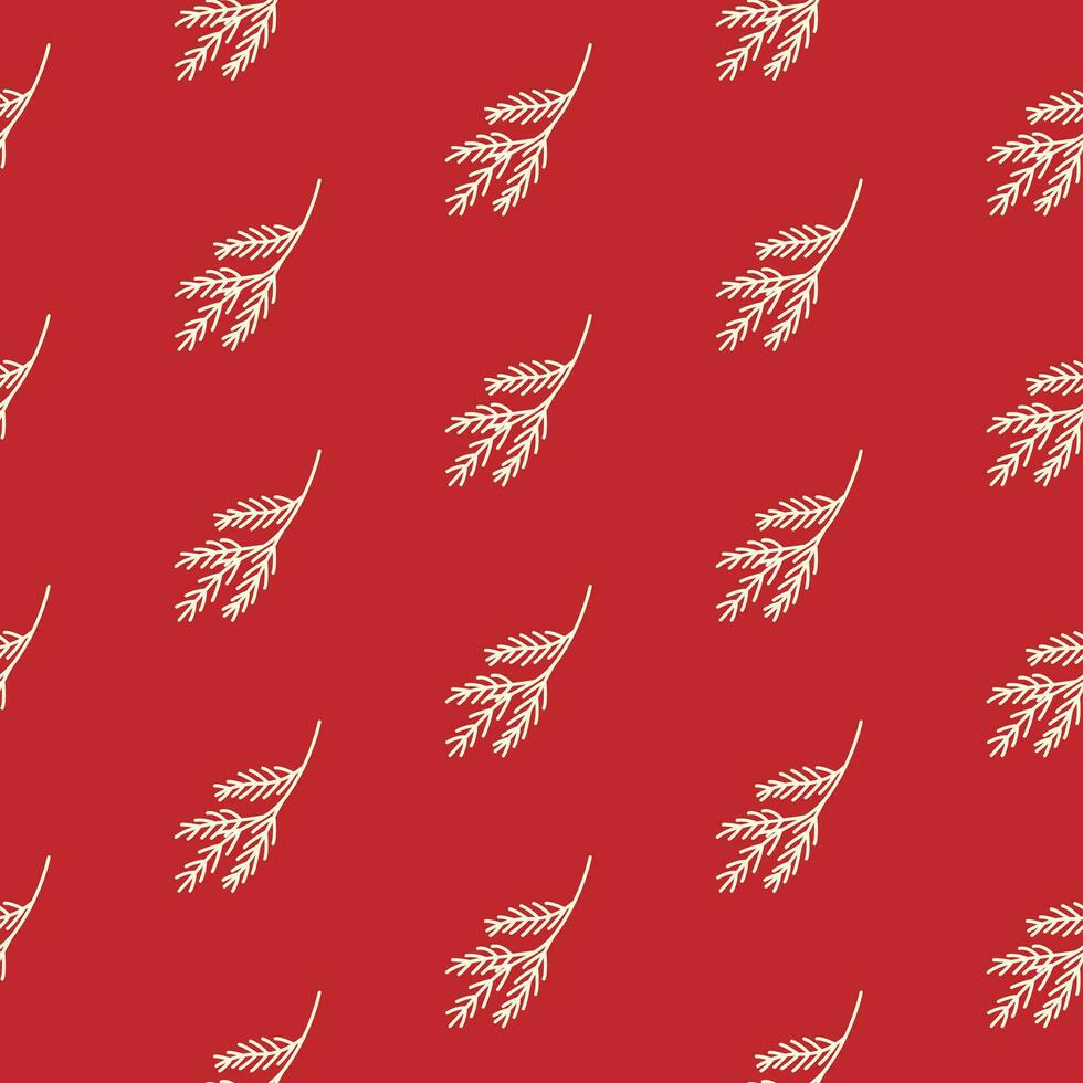 Seamless pattern of doodle fir branches on isolated red background. Holiday design for Christmas home decor, holiday greetings, Christmas and New Year celebration. vector