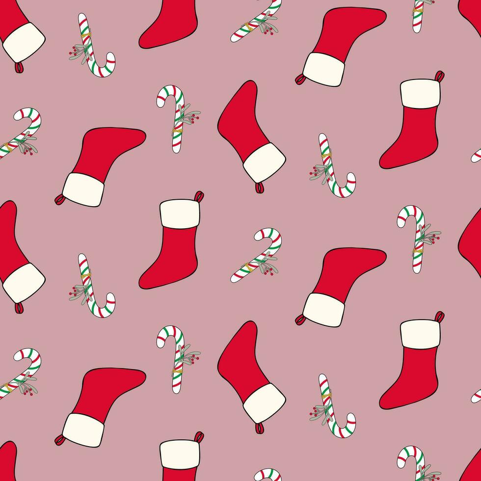 Seamless pattern with Christmas red stockings and candy canes on isolated red background. Holiday design for Christmas home decor, holiday greetings, Christmas and New Year celebration. vector