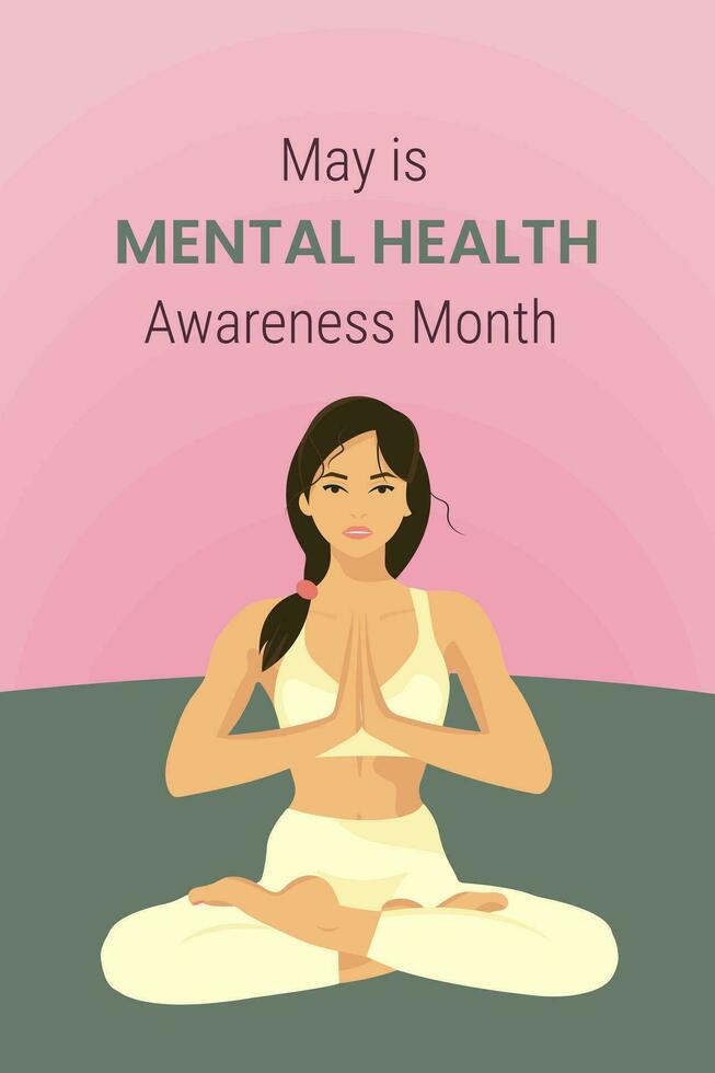 Banner for Mental Health Awareness Month in May. Girl doing yoga in lotus position vector