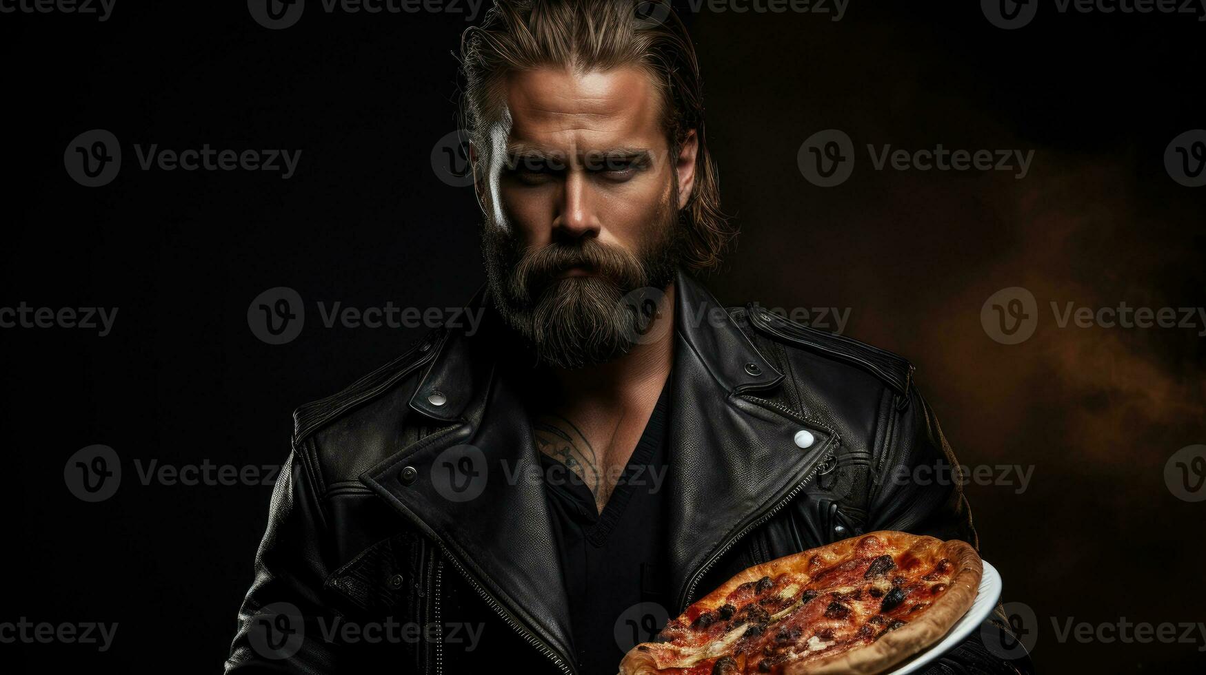 Young brutal man with a beard in a leather jacket serves pizza. Pizzeria delivery banner ai generated photo