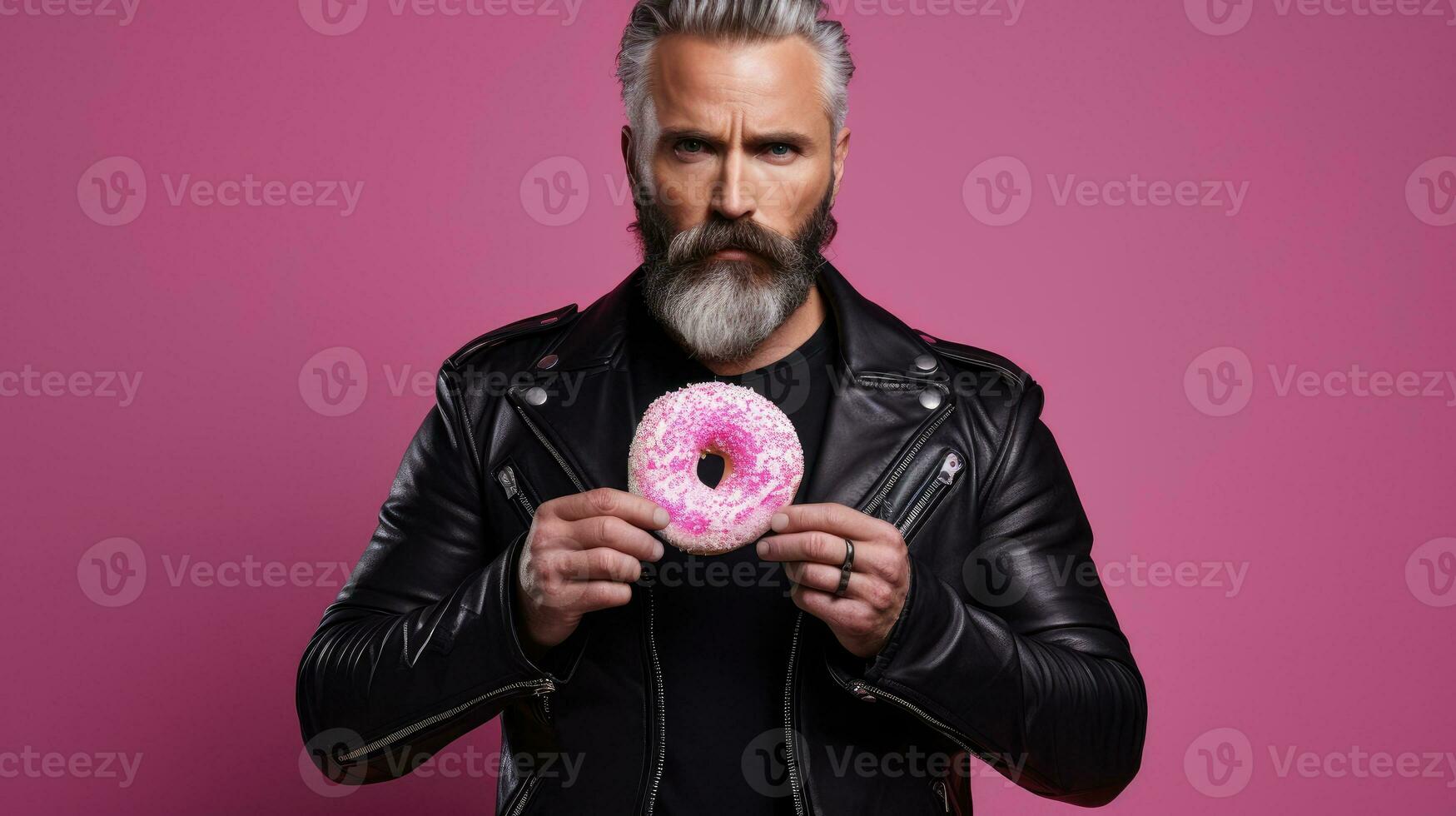 Gray-haired man with a beard in a leather jacket holding a donut on a pink background ai generated photo