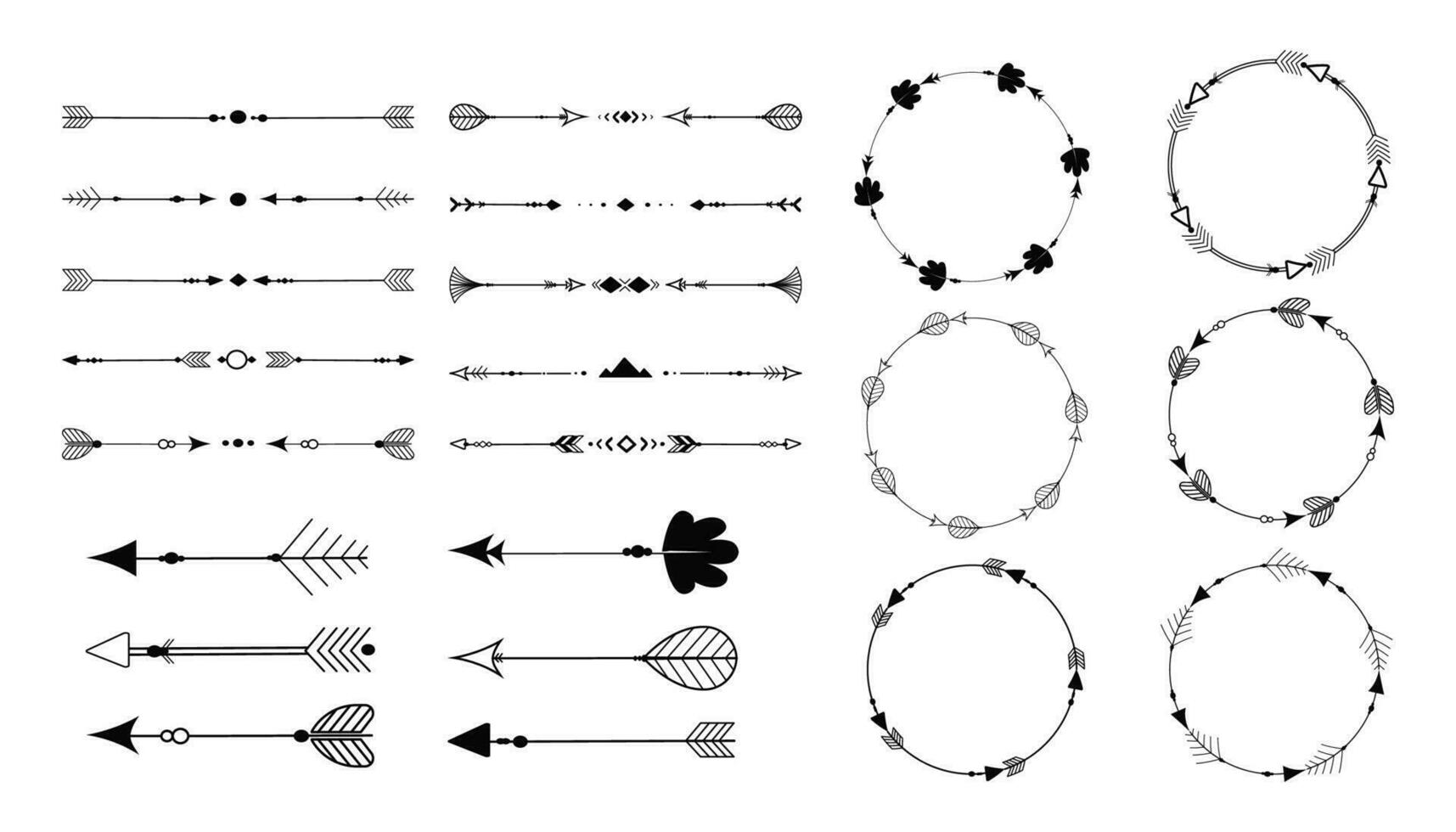 Set tribal ethnic arrow dividers, native indian bow boho an frames in doodle style isolated on white background. Collection borders, decoration elements. Vector illustration
