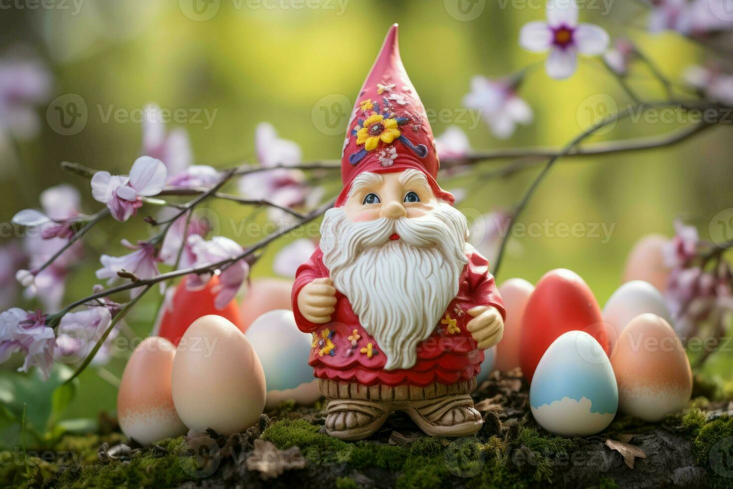 Little cute Easter gnome with colorful eggs. Generate ai photo