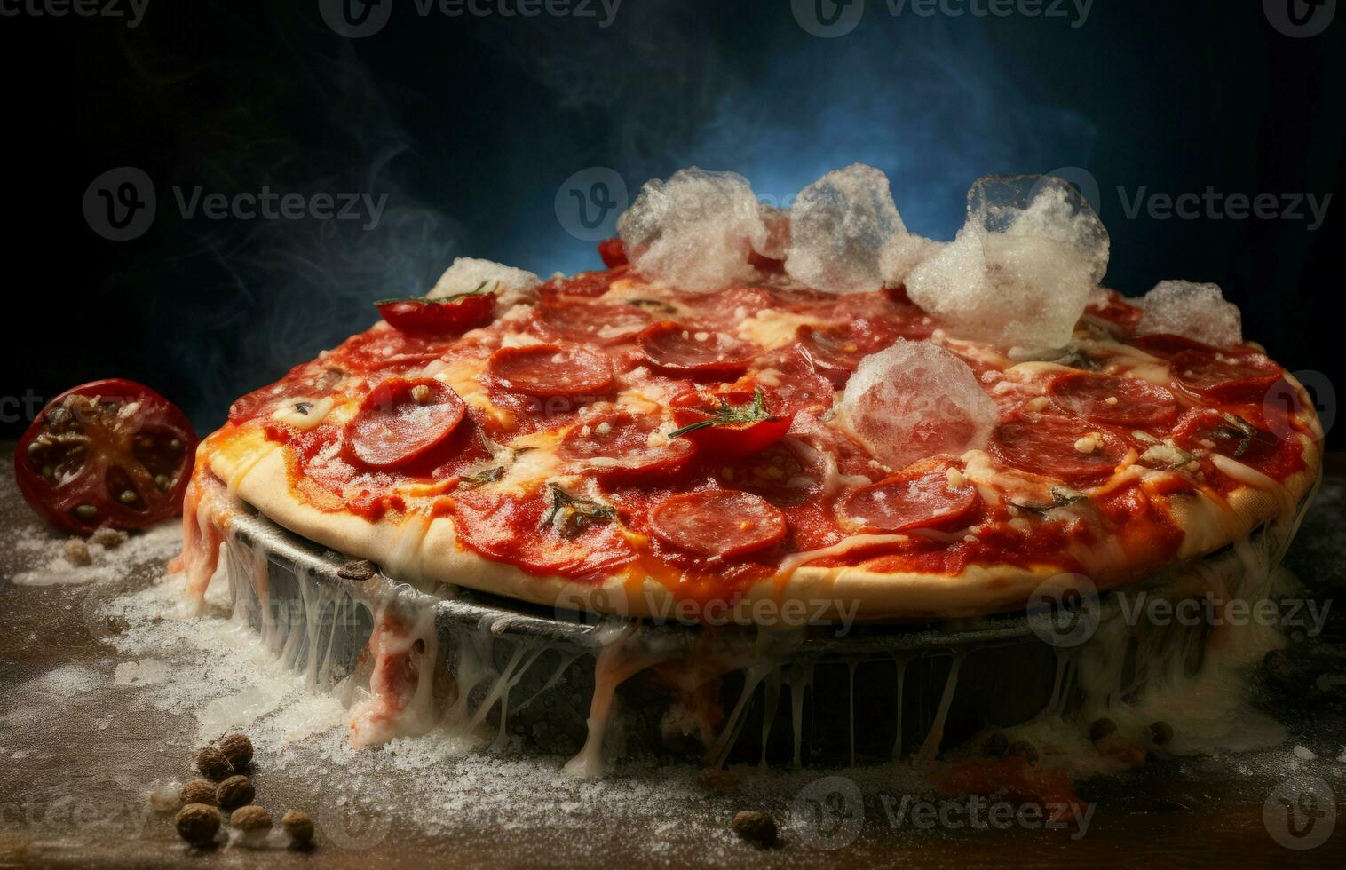 Frozen pizza food ice cubes. Generate Ai photo