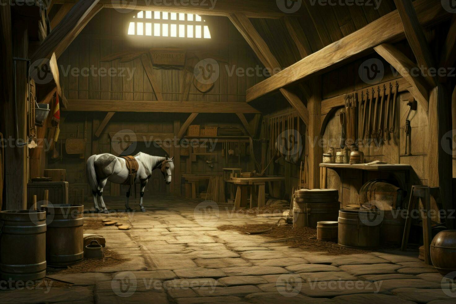 Wooden stable interior horse mammal. Generate Ai photo