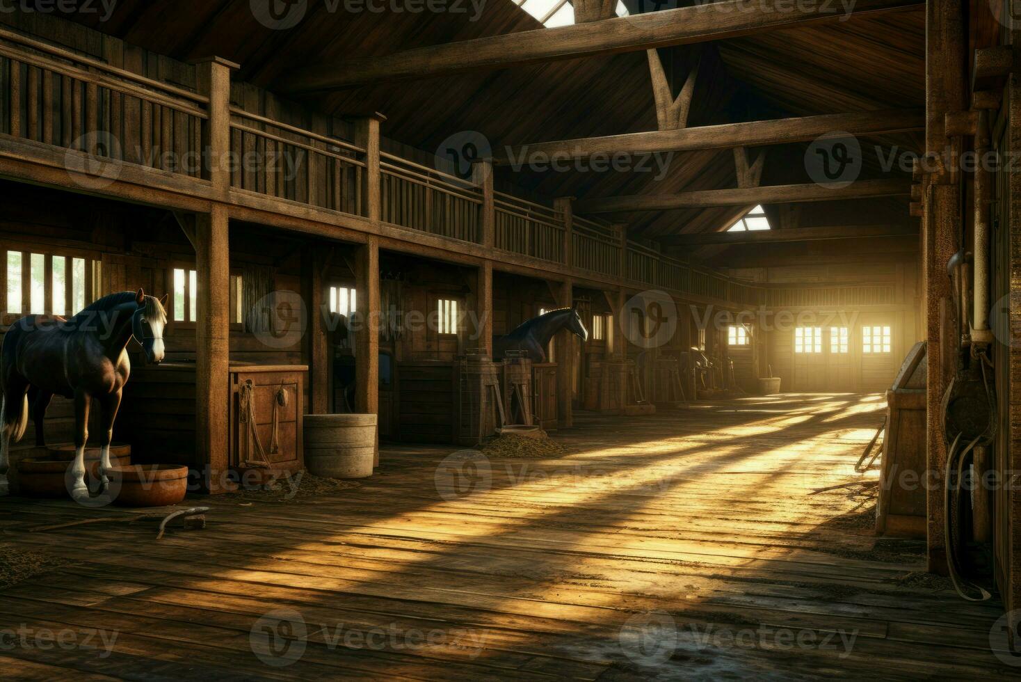 Wooden stable interior morning light. Generate Ai photo