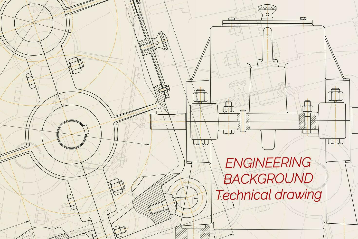 Mechanical engineering drawings on light background. Reducer. Technical Design. Cover. Vector illustration