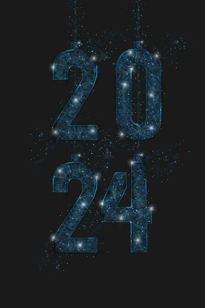 resumen aislado azul imagen de nuevo año número 2024. poligonal bajo escuela politécnica estructura metálica ilustración mira me gusta estrellas en el en blanco noche cielo en spase o volador vaso fragmentos digital web, Internet diseño. vector